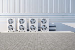 3d rendering of condenser unit or compressor outside factory plant.