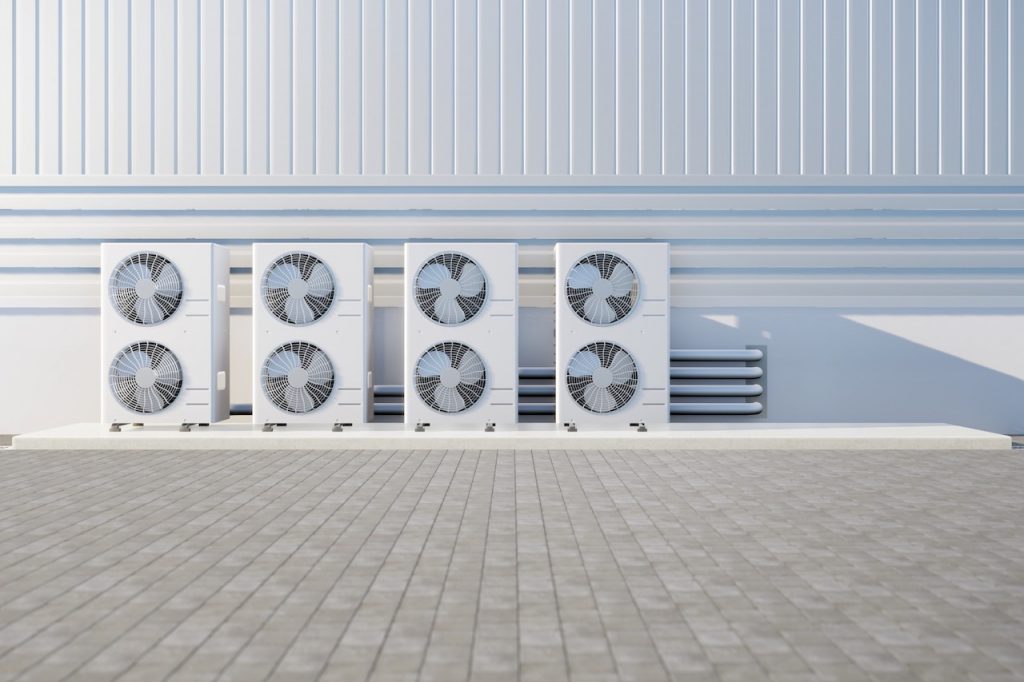 3d rendering of condenser unit or compressor outside factory plant.